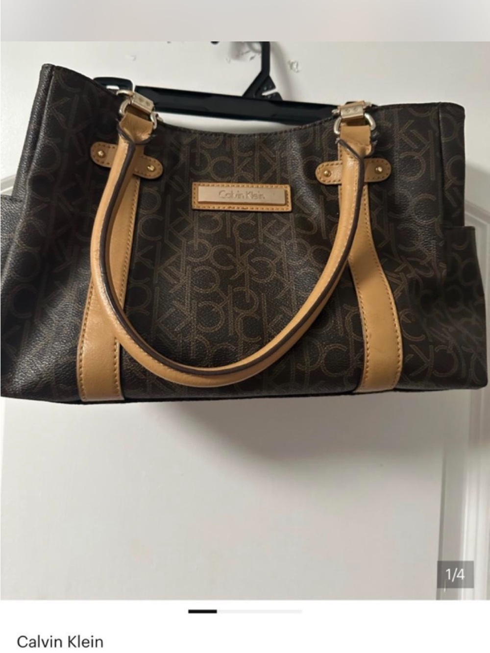 Calvin Klein Dark Brown Monogram Tote with Tan Trim